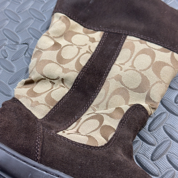 Coach Meyer Signature Boots Women's Khaki Chestnut Brown C Logo Suede Pull-On - Picture 4 of 9